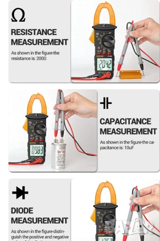 Цифров мултицет, клещи, волтметър, амперметър, мултиметър, AC DC напрежение, AC ток NCV тестер, снимка 7 - Друга електроника - 50640445
