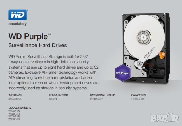 Професионален Твърд Диск Hikvision WD10PURX 1 TB WD Purple Проектиран за 24 NON-STOP Видеонаблюдение, снимка 2 - Комплекти за видеонаблюдение - 41684285