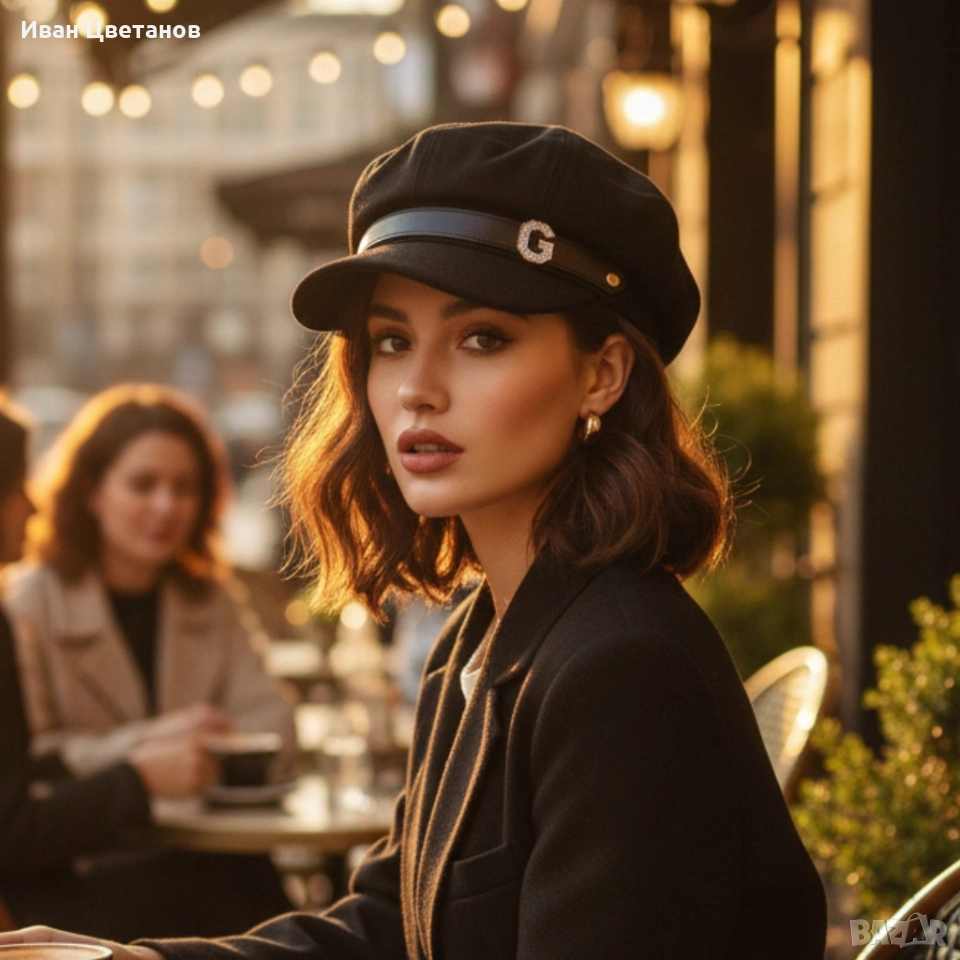 Елегантна дамска шапка тип фуражка с декоративна лента и метално лого, снимка 1