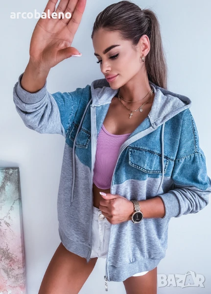 Дамски дънков памучен суичър с качулка , снимка 1