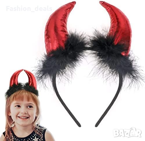 Нови Червени Рога на Дявола Хелоуин Аксесоар с Черен Плюш, снимка 1