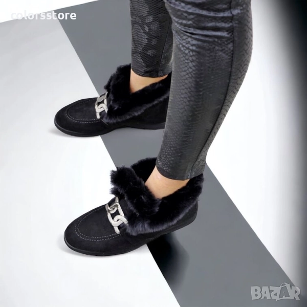 Равни боти - черен велур с черен ЕСТЕСТВЕН пух - TJ20, снимка 1