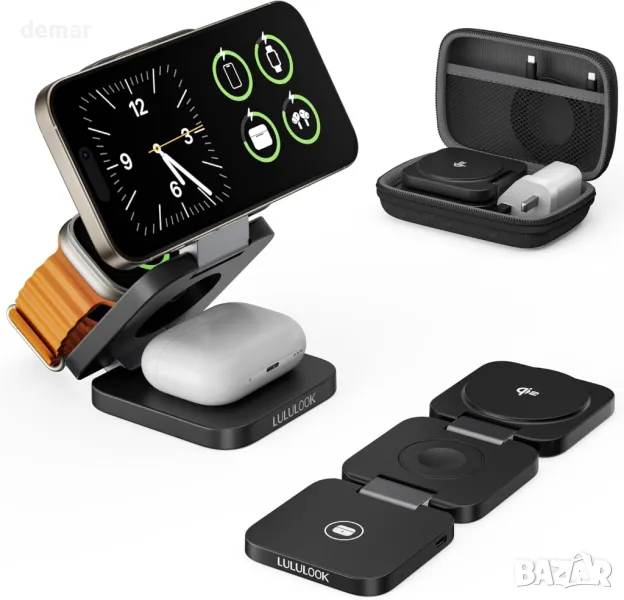 LULULOOK 3 в 1 безжична зарядна станция Qi2, зарядно Magsafe за устройства на Apple, снимка 1