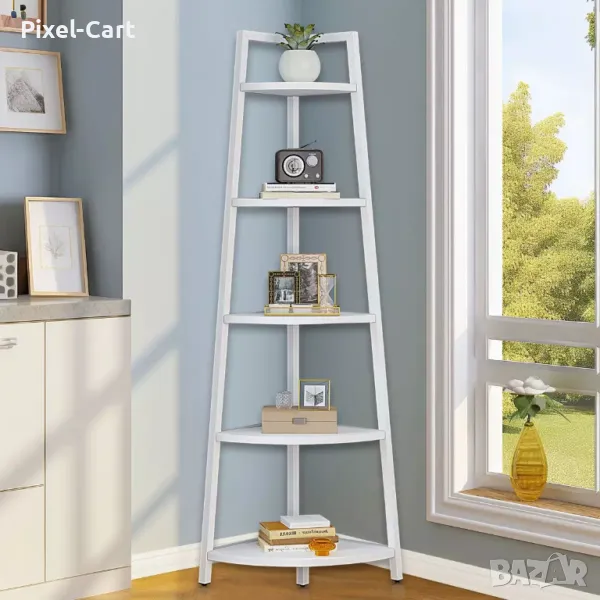 Ъглова етажерка с 5 рафта, бяла - 106 см., снимка 1