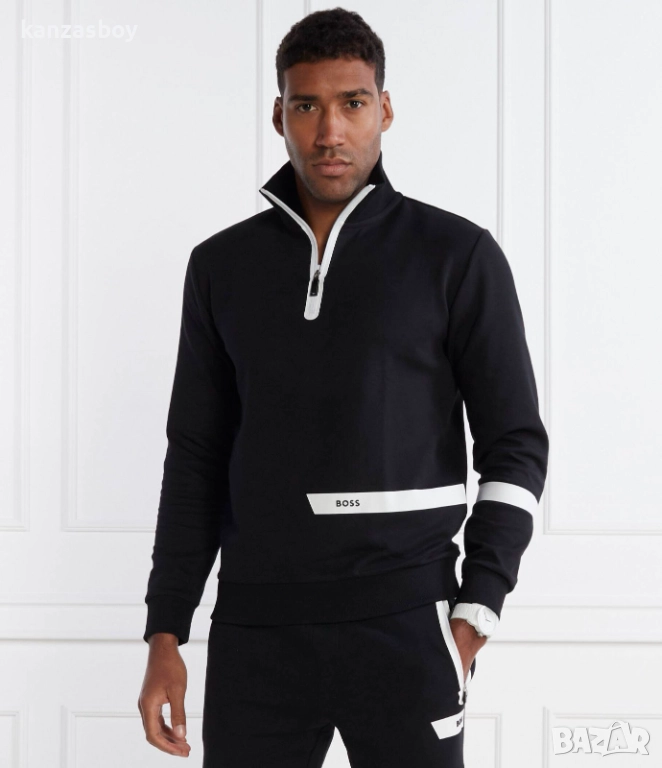 hugo boss green mens logo stripe zip-neck - ГОЛЯМА мъжка блуза 5ХЛ КАТО НОВА, снимка 1