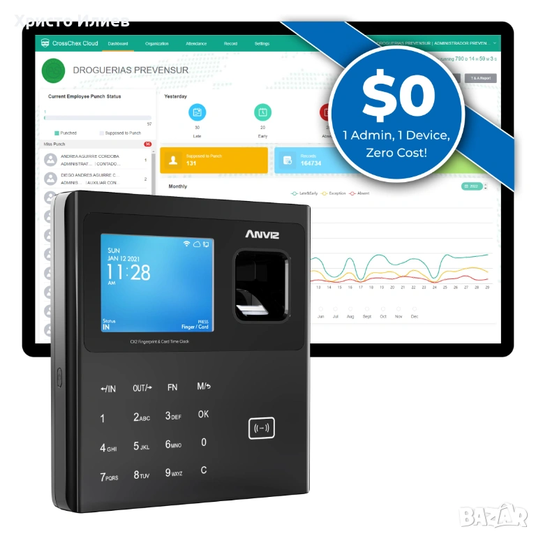 Детектор Anviz с Биометричен пръстов отпечатък RFID и ПИН код Ключалка, снимка 1