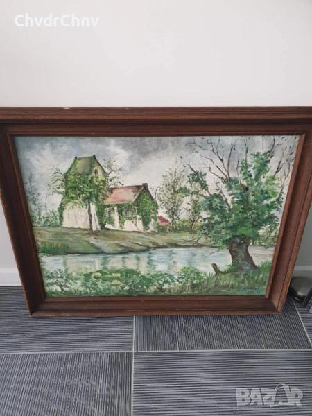 94х74см наивизъм/голяма картина масло върху платно/къща-дървета-река/1979/дървена рамка, снимка 1