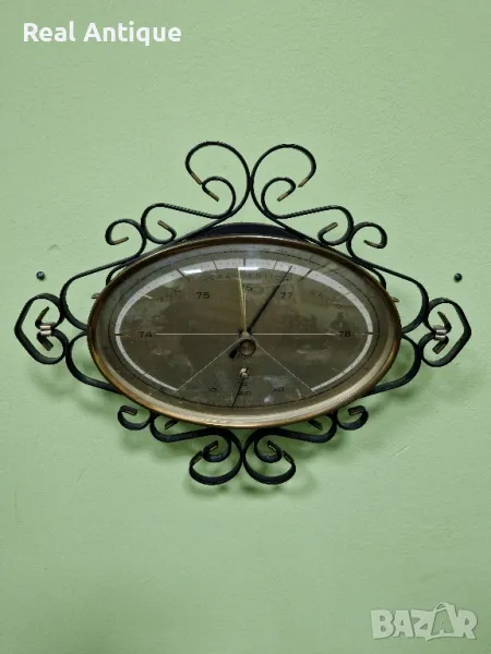 Рядък антикварен колекционерски немски месингов барометър с термометър , снимка 1