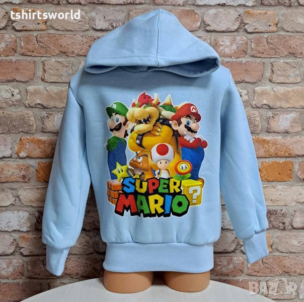 Нов детски суичър с дигитален печат Super Mario (Супер Марио) в светлосин цвят, снимка 1