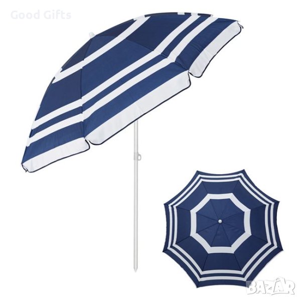 Плажен чадър 2м, Син на бели ивици, снимка 1