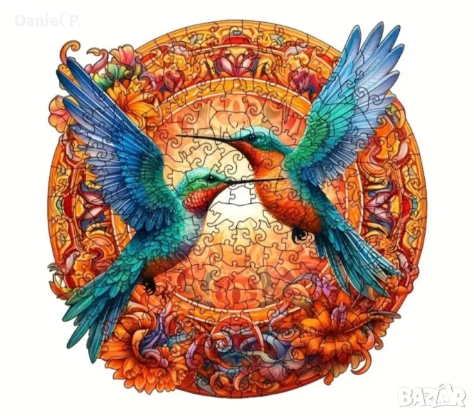 Красив дървен пъзел с птици. Цветен кръгъл пъзел за всички възрасти, снимка 1