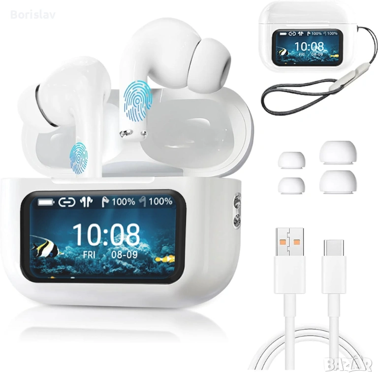 Безжични слушалки Bluetooth 5.4 Pro с шумопотискане и LED сензорен дисплей – бели, снимка 1