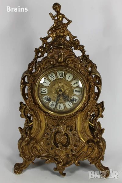 Немски Каминен Механичен Часовник Месингов С Орнаменти, снимка 1