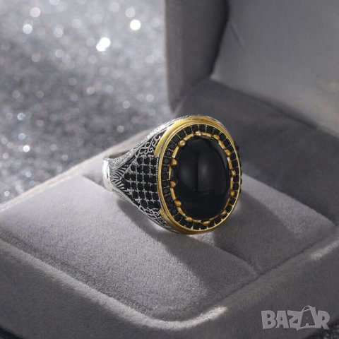 Мъжки пръстен с оникс, посребрен, снимка 3 - Пръстени - 42189313