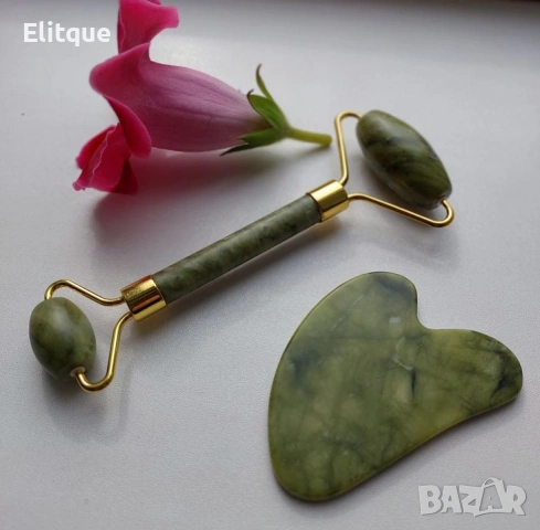 Нефритен масажор за лице с 2 ролки + плосък нефритен камък 