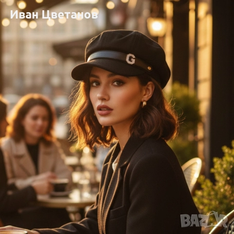 Елегантна дамска шапка тип фуражка с декоративна лента и метално лого