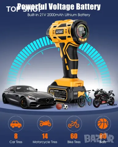 AUTDER Безжична помпа за гуми, преносим въздушен компресор 21V батерия и 12V DC, 180 PSI, снимка 3 - Аксесоари и консумативи - 49938057