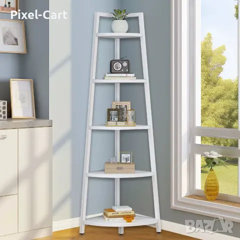 Ъглова етажерка с 5 рафта, бяла - 106 см., снимка 1
