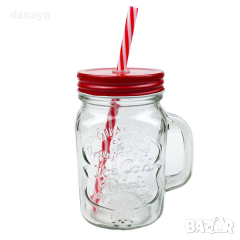 4593 Бурканче за коктейли с цветна капачка и сламка, 450 мл, снимка 5 - Чаши - 44790720