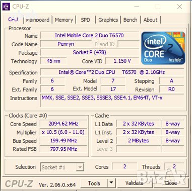Intel® Core™ Duo mobile T6570 (2.1 GHz), 800 MHz FSB, 2-MB L2 cache, SLGLL, снимка 5 - Части за лаптопи - 41437011