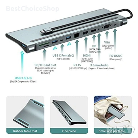 USB-C Докинг станция 12 в 1 Хъб с 3 монитора DP HDMI VGA адаптер – Лаптоп док, снимка 10 - Кабели и адаптери - 53519449