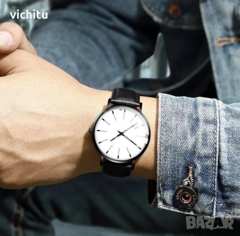 Елегантен нов мъжки часовник с черна кожена каишка и искрящо бял циферблат., снимка 1 - Мъжки - 44380050