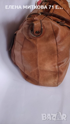Pieces маркова пътна чанта от естествена кожа цвят коняк, снимка 4 - Чанти - 52324709