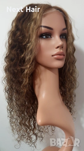 Афро къдрава естествена перука, кафява с руси кичури, 55 см, Lace 4х4, снимка 5 - Аксесоари за коса - 53283334