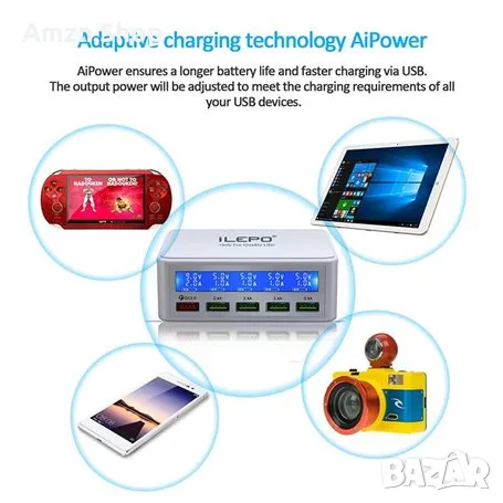 Смарт зарядна станция iLepo Smart Charging Station 5 порта USB 50 вата с бързо зареждане QC 3.0 бял, снимка 13 - Оригинални зарядни - 47671458