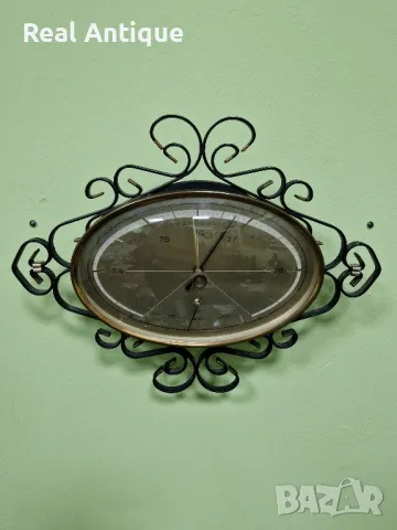 Рядък антикварен колекционерски немски месингов барометър с термометър , снимка 1