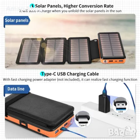 Соларен панел Соларна батерия преносимо слънчево зарядно устройство 26800 mAh бързо зареждане PD 18w, снимка 15 - Външни батерии - 50275740