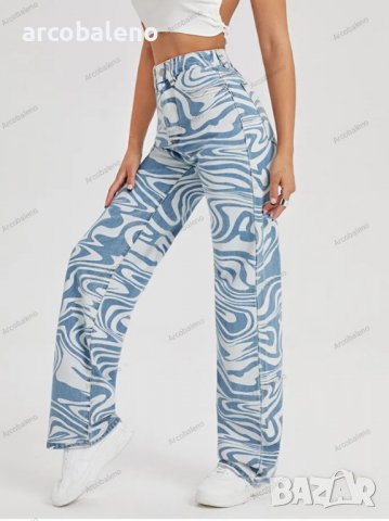 Дамски свободни прави дънки с щампа с водни вълни, снимка 2 - Дънки - 39286623