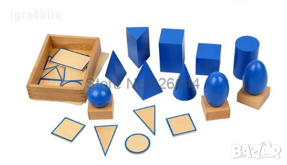 Сини геометрични тела Монтесори в кутия с поставки и знаци , снимка 7 - Образователни игри - 36478729