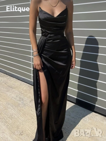 дълга сатенена рокля с цепка , снимка 2 - Рокли - 53194687