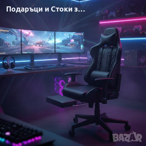Геймърски стол с прибираща се подложка за крака и функция за масаж - черен, снимка 3 - Столове - 53237738