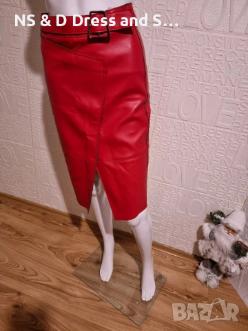 Червена кожена пола , снимка 4 - Поли - 44636913