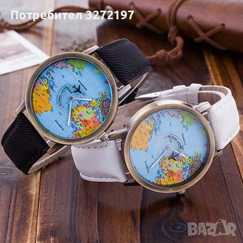 Кварцов часовник, модерен дизайн - циферблат географска карта, стрелка самолет , снимка 1