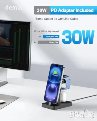 Зарядна станция 3-в-1 USB-C 30W за iPhone, Apple Watch и слушалки, снимка 5 - Безжични зарядни - 55829691