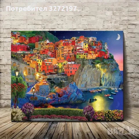 Картина на платно с дървена рамка-морски пейзаж Cinque Terre Италия,30x40 см., снимка 2 - Картини - 48262732