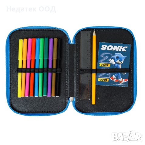 Ученически несесер Double Blue Sonic 2 The Hedgehog, Обурудван, 13.5x20x5 cм, Син, снимка 3 - Други - 41964210