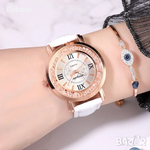 Дамски ръчен часовник с кръгъл циферблат с камъни и к. каишка. бял, червен, лилав, син, черен, розов, снимка 8 - Дамски - 52819449