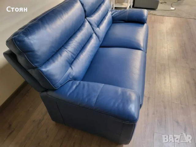 Син кожен диван тройка - 100 % естествена кожа, снимка 7 - Дивани и мека мебел - 51954792