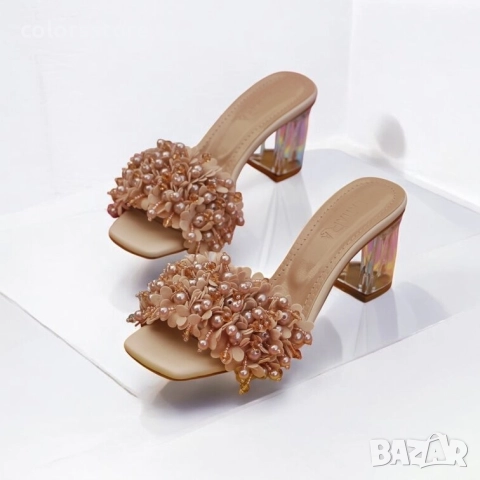 Чехли на ток - бежова кожа с перли - KP70 