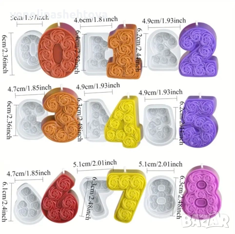 Комплект 9 цифри числа с рози дълбок силиконов молд форма за свещи гисп смола , снимка 2 - Форми - 53633536