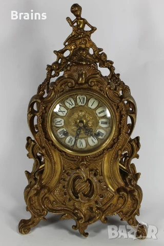 Немски Каминен Механичен Часовник Месингов С Орнаменти