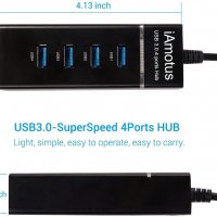 iAmotus USB хъб, 4 порта USB 3.0 Superspeed 5Gps, многопортов адаптер с LED светлина, снимка 6 - Други - 34792663