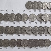 Монети. САЩ. 1/4 Американски долари . Quarter . Пълен комплект. 33  бройки. От 1965 до 1998 г. вкл., снимка 2 - Нумизматика и бонистика - 30118402
