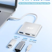 Acer USB C хъб, 3 в 1 с 5Gbps USB 3.0 GEN1 порт, 4K HDMI и PD Max 100W, снимка 2 - Кабели и адаптери - 44322766