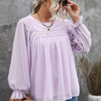 Дамска елегантна блуза в светлолилаво с принт на точки, снимка 2 - Блузи с дълъг ръкав и пуловери - 40354300