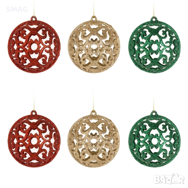 Комплект коледни топки червено-зелено-златни ажур Ø8 см_1240997, снимка 1